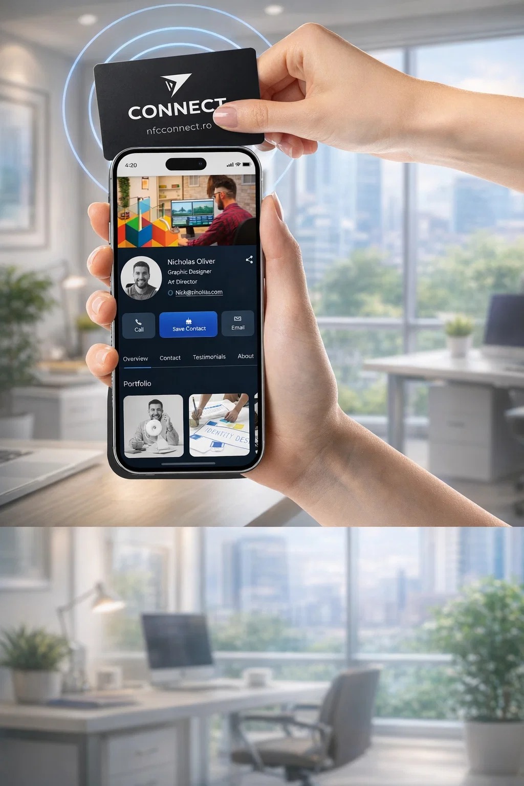 Cu NFC CONNECT, cartea ta de vizita devine mai mult decât un simplu contact. Devine un instrument real de business.
